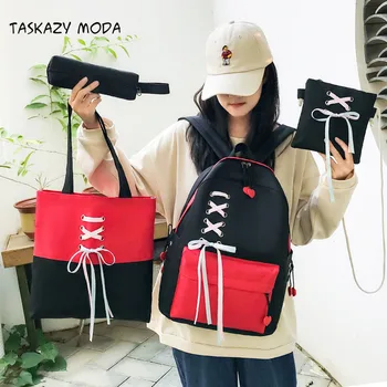 

2020 4Pcs/Set Canvas Backpack Set Hand Print Shoulder Bag + Ladies Backpack + Pencil Bag + Travel Bag Schoolbag For Teenagers
