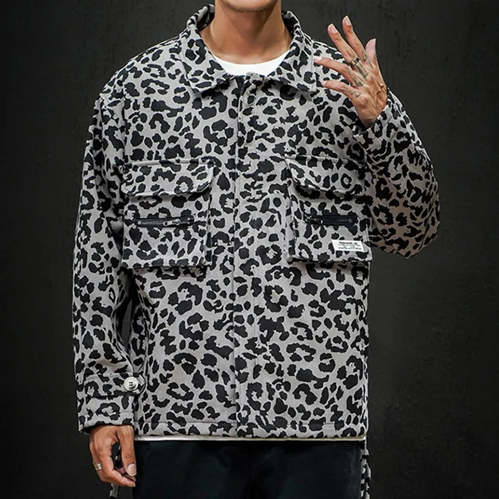 

Tide Men Leopard Print Jacket Fashion Stand Collar Autumn Winter Coat Large Comfortable Pockets Overcoat