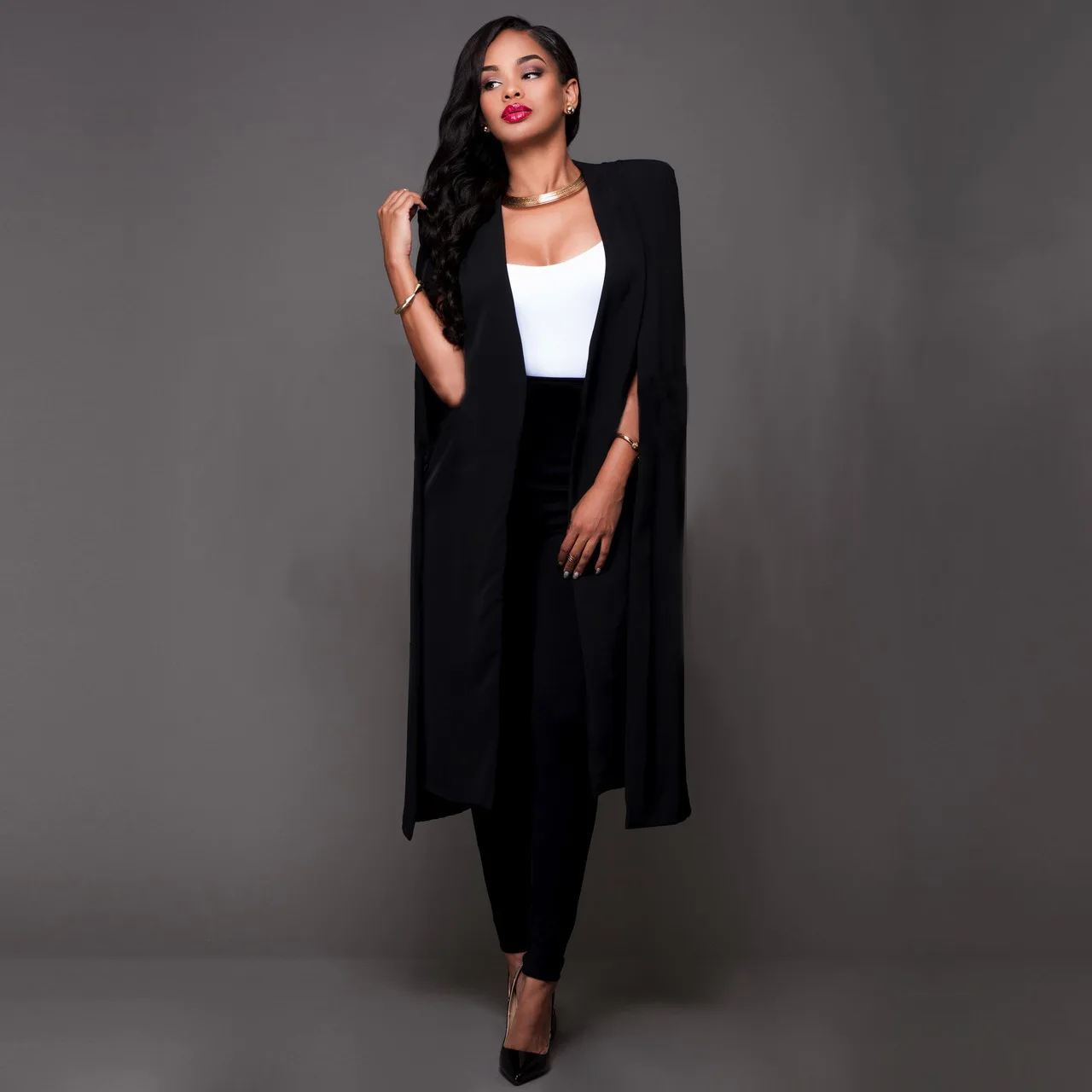 

WEPBEL Women's Fashion Sleeveless Long Jacket Solid Color Open Front Open Stitch Coat Long Slim Fit Cape Coat