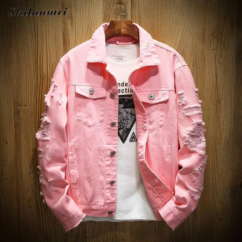 

2020 Pink Jeans Jacket Spring Autumn Red White Black Red Men Slim Streetwear Denim Jacket Hip Hop Bomber Jacket Homme Size 5xl
