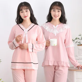

2020 Spring Sweet Lace Princess Cotton V-neck Pajama Sets Women Long Sleeve Sleepwear Pyjamas Homewear Pijama Mujer Home Clothes