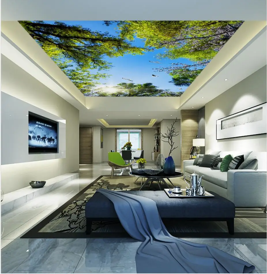Oil painting style blue sky white clouds green leaves ceiling mural Bedroom Living Room Ceiling Decoration | Обустройство дома