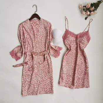 

Sexy Long Sleeve Nightgown Silk Sleep Silk Pajama Dress Robe New 2 Piece Satin Sleepwear Lounge Wear Set Home Clothes Women