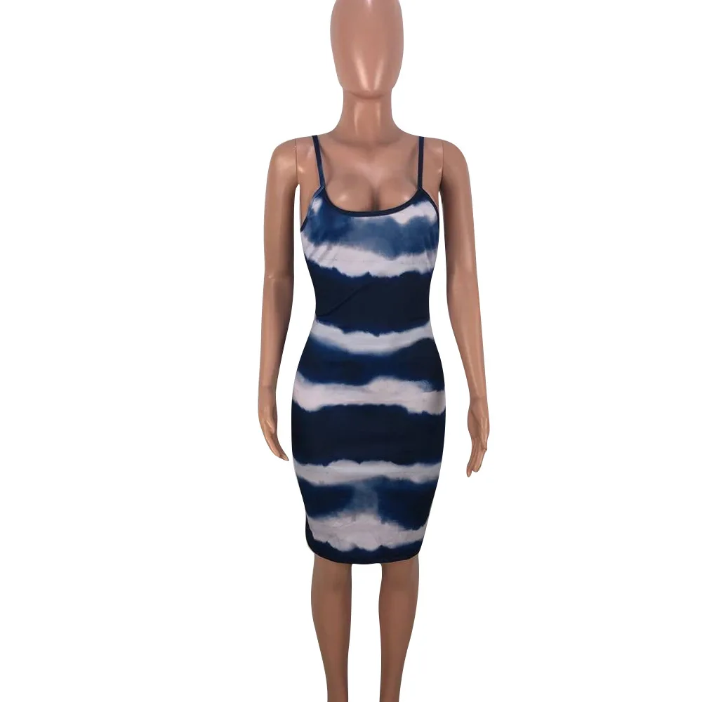 women summer spaghetti strap sleeveless open back knee length tie dyed midi dress beach sexy bodycon dresses 2 color DK8030