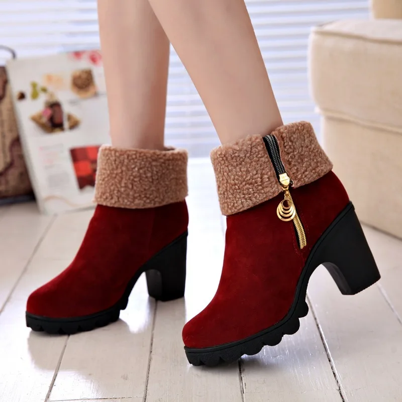 

Ankle Boots for Women Winter Platform High Heel Boots Zipper Buckle No-slip Red Booties Warm Comfortable Ladies Shoes AEZLZ157