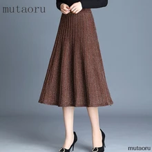 Новинка зима осень женские вязаные длинные плиссированные юбки миди с высокой талией шерстяные смеси Женская трапециевидная юбка
