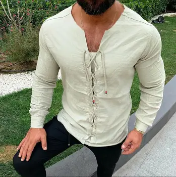 

100% brand new Youth Mens Cotton Linen Long Sleeve Shirt Muscle Slim Casual V Neck Shirts Blouse Tops PLUS SIZE