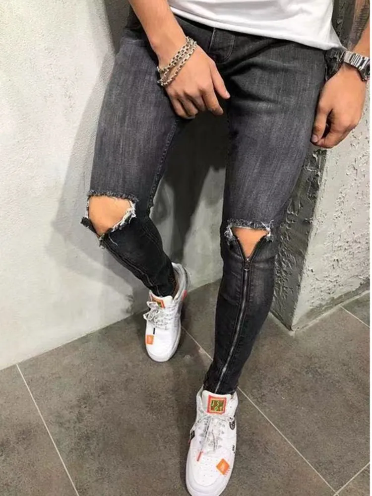 Хит, модные моно хроматические мужские хип-хоп тренировочные брюки, обтягивающие модные джинсы на молнии, дизайнерские черные мужские повседневные джинсы - Цвет: Dark grey