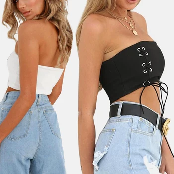 

Sexy Boob Criss-Cross Off Elastic Summer Hollow Out Straps Lace Up Tube Top Bustier Crop Top Women Shoulder Tube Tops 3