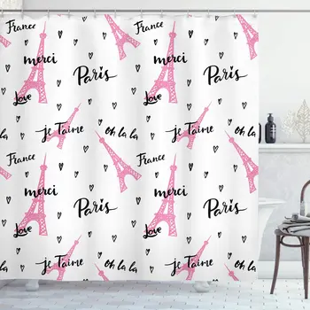 

Eiffel Tower Shower Curtain France Paris Oh La La Eiffel Tower Hearts Calligraphy Doodle Style Artwork Bathroom Decor Set