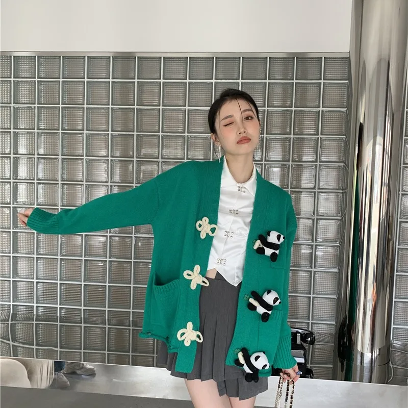 

Cardigan Women Autumn And Winter Casual Fashion Knitted Cute Panda V-Neck Long-Sleeved Women Vintage Solid Tops Sweater