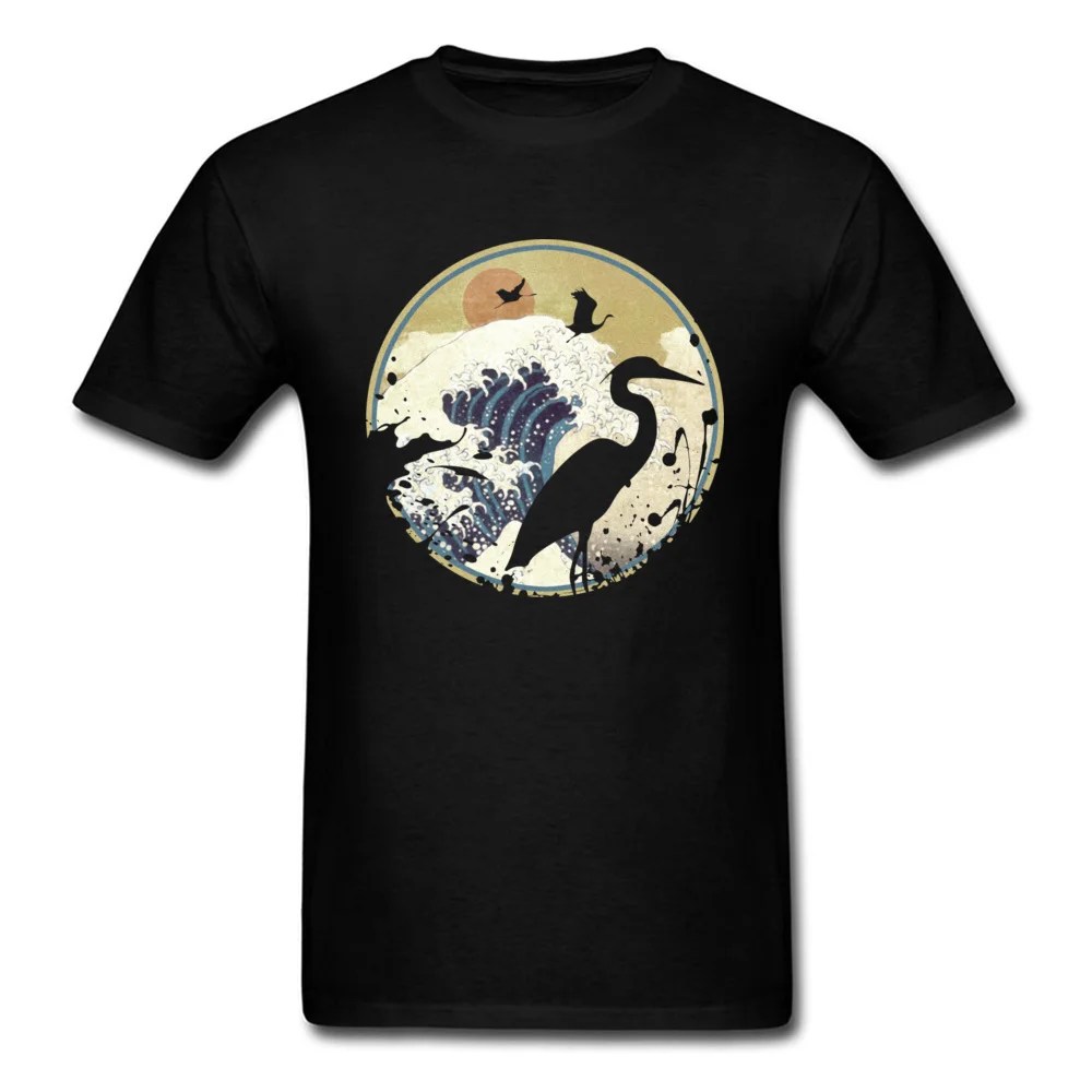Morning Waves Chic Men Black T-shirt Chinese Style Crane Cartoon Design Adult Fitness T Shirts Custom For Father's Gift |