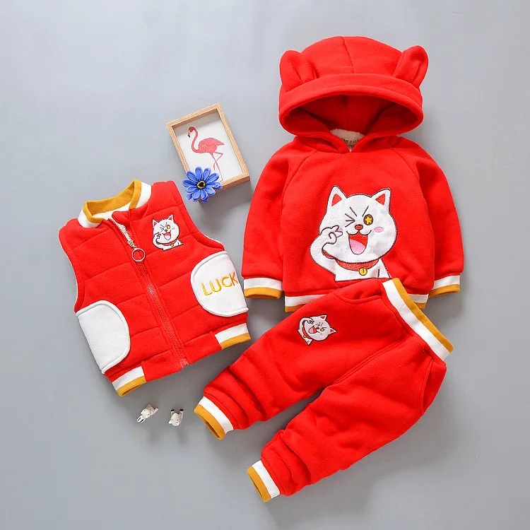 

CHILDREN'S Suit 2019 Winter Men And Women Children Young Child Thick Hoodie Three-piece Set Cartoon Kitten Mixed Colors Set on B