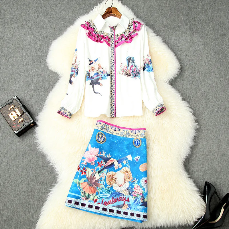 

Women fashion 2020 spring color block ruffles shirts top + diamonds beading a-line print mini skirt suit cute two piece set