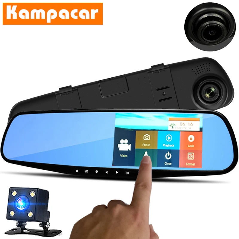 Kampacar автомобильный зеркальный видеомагнитофон 4,3 "Автомобильный dvr две камеры s с камерой заднего вида с двойным объективом Dash Cam Авто