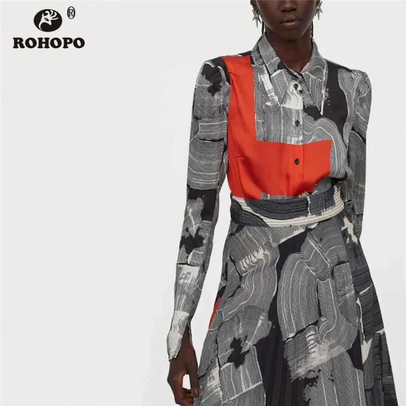 

ROHOPO Lantern Long Sleeve Vintage Tie Dye Round Edge Blouse Turn Down Collar Printed Straight Buttons Fly Autumn Blusa #2306