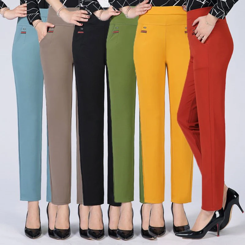 

Casual Pants Women 2019 New Summer Autumn High Waist Elasticity Straight Pants Slim Trousers Female Khaki Black Blue Khaki Red