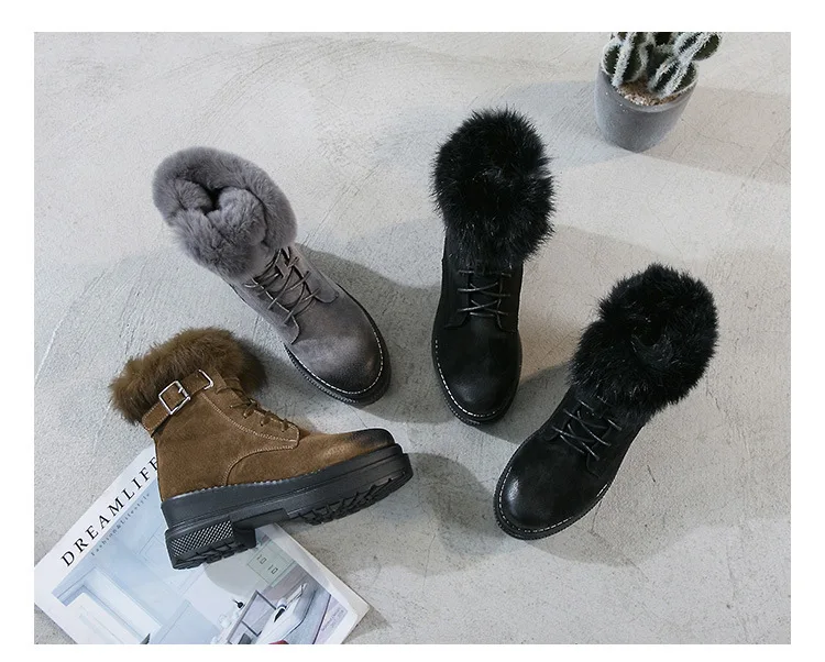 Модные женские ботинки; обувь из натуральной кожи; ботинки на молнии; ботинки на платформе с кроличьим мехом; зимняя теплая обувь