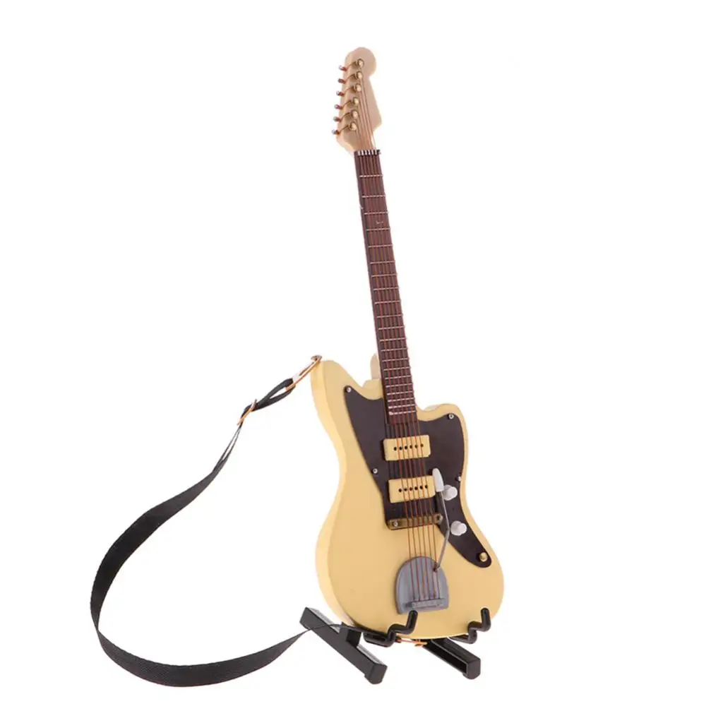 1/6 Wooden Mini Guitar Musical Instruments Model W/Stand Decoration Beige