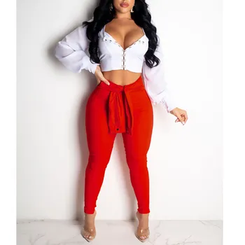 

HONZBORY 2019 V Neck Women Sets Chiffon Splicing Solid Color Halter Long Sleeve Suit Two Piece Sets 2 Piece Sets Womens Outfits