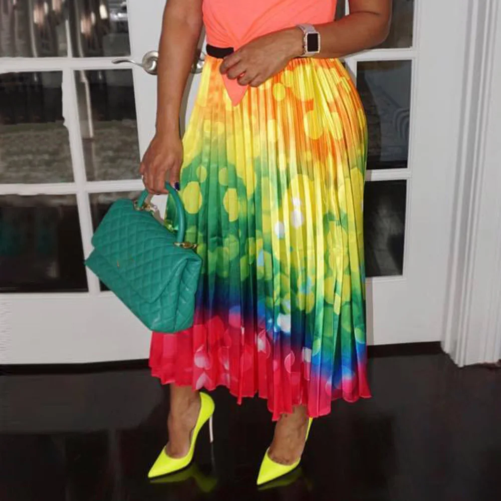 

Long Pleated Skirts Plus Size 2XL African Women Summer Gradient Fashion Full Length Casual Maxi Office Ladies High Waist Skirts