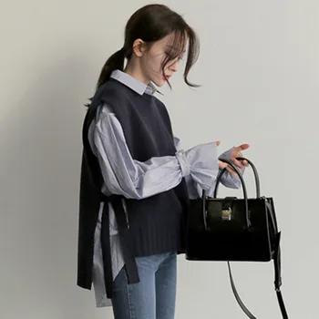 

Two Piece Women Blouse 2020 Spring Autumn Korean Fashion Knit Vest And Long Sleeve Shirt 2PCS Set Causal Female Tops Blue