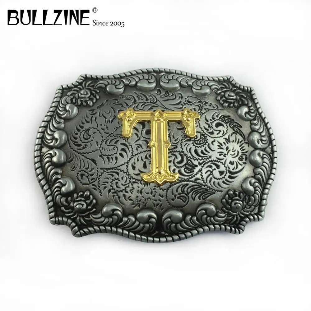 The Bullzine Letter T Belt Buckle With Pewter And Gold Finish Fp03687