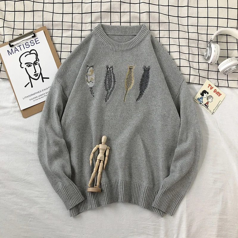 Серый Японский стиль Ретро Свитера для мальчиков осенние корейские студенческие Свободные повседневные мужские свитера с вышивкой Waitmore Lazy Wind - Цвет: Серый