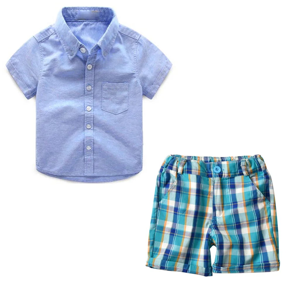 AliExpress Children Summer Set New Style BOY'S Pure Cotton Short Sleeve Shirt Plaid Shorts Set Summer