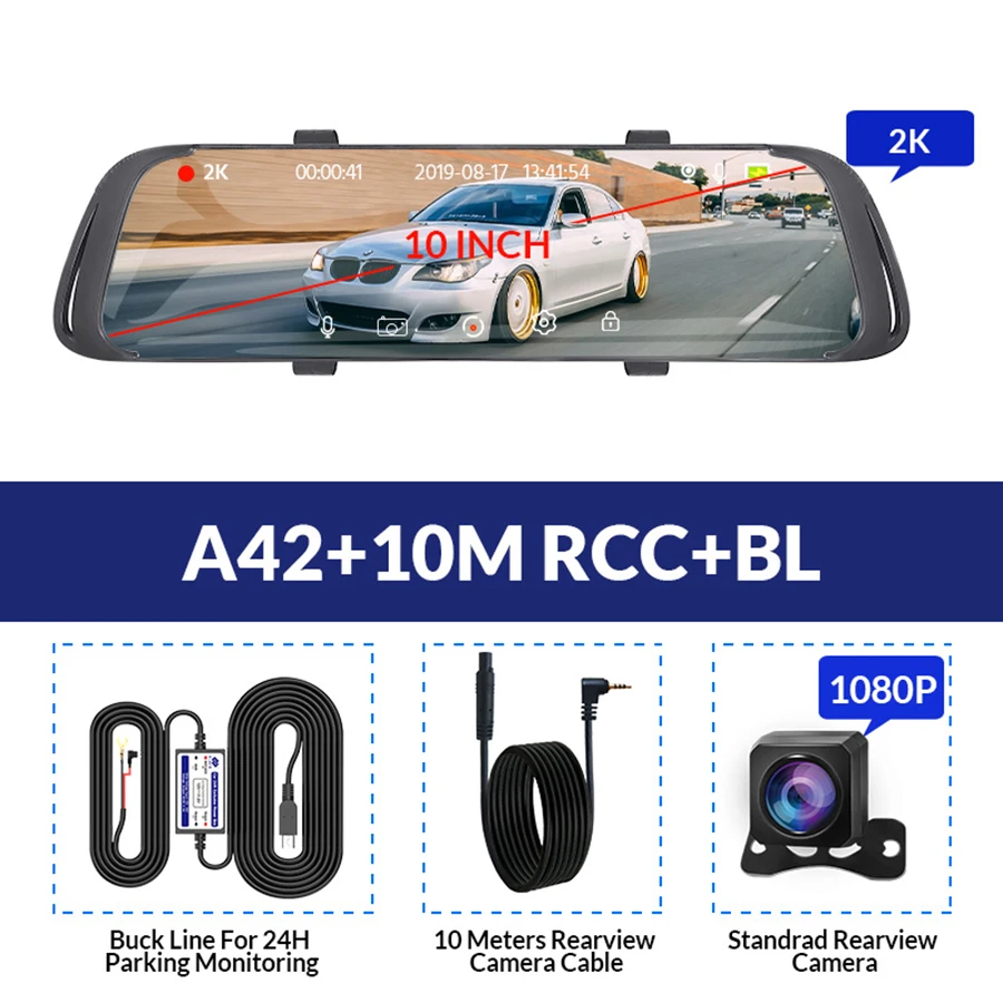 E-ACE Автомобильный видеорегистратор, видеорегистратор, 10 дюймов, сенсорное потоковое зеркало заднего вида, 1080 P, видеорегистратор, Автомобильный регистратор, видеорегистратор с камерой заднего вида - Название цвета: A42-10M RCC-BL