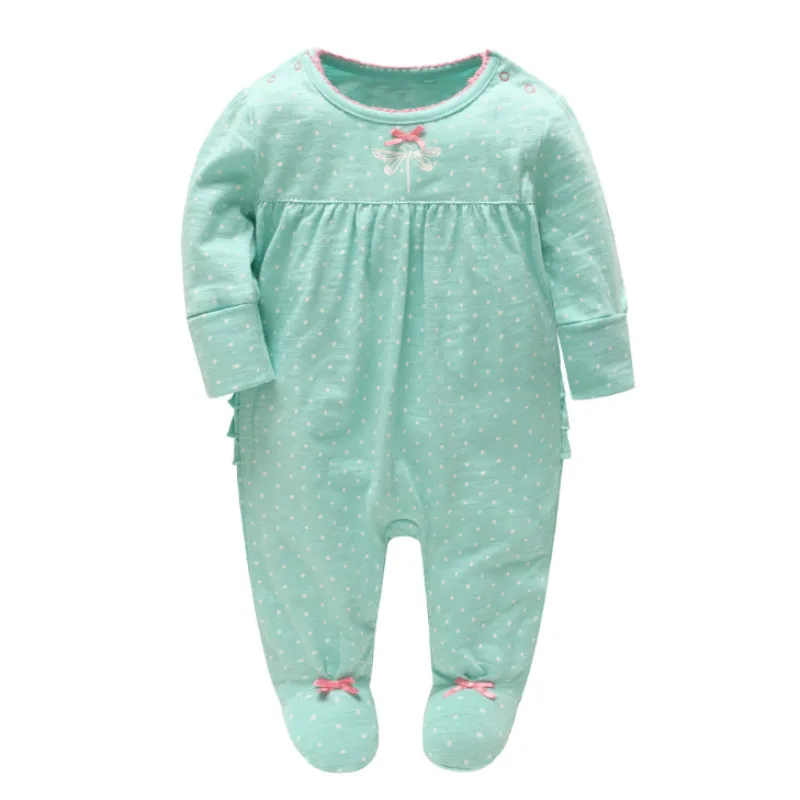 

Picturesque Childhood Baby Green and White Dot Print Footies Newborn Bow Pajamas Infant Pure Cotton Clothes