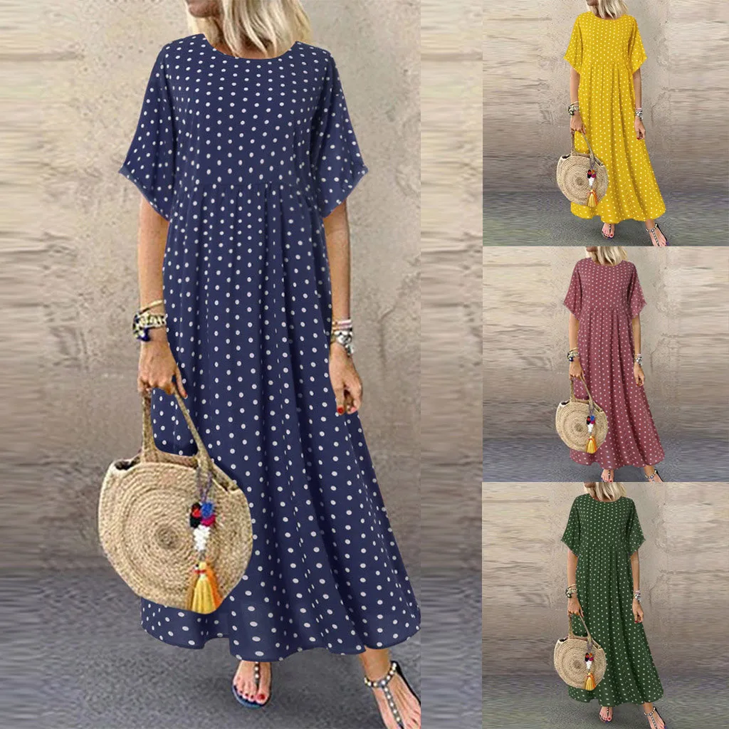 Большие размеры модное женское Повседневное платье в горошек с круглым вырезом и