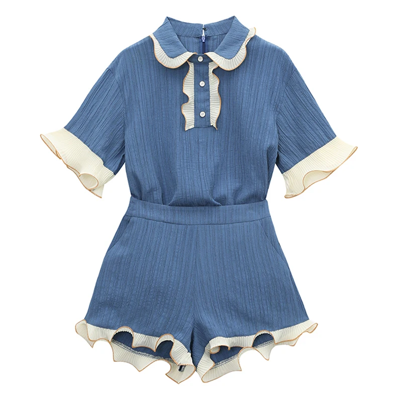 

blue turn down collar flare short sleeve button zipper shorts elastic waist women ruffle casual Two-piece set