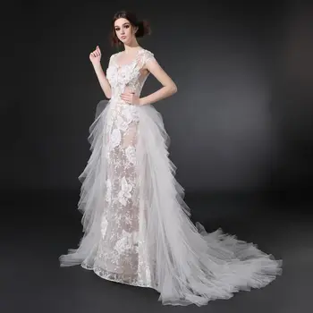 

BGW Short Sleeves Illusion Tulle Mermaid Sexy Wedding Dress 2020 Zipper Back Scoop Neck Tiered Detachable Train