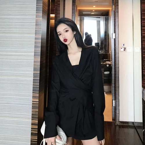 black Neploe, женская блузка, несимметричный крест, тонкая талия, Blusas,, осень, корейский стиль, длинный рукав, рубашки, однобортный, однотонный топ, 56274 - Цвет: black