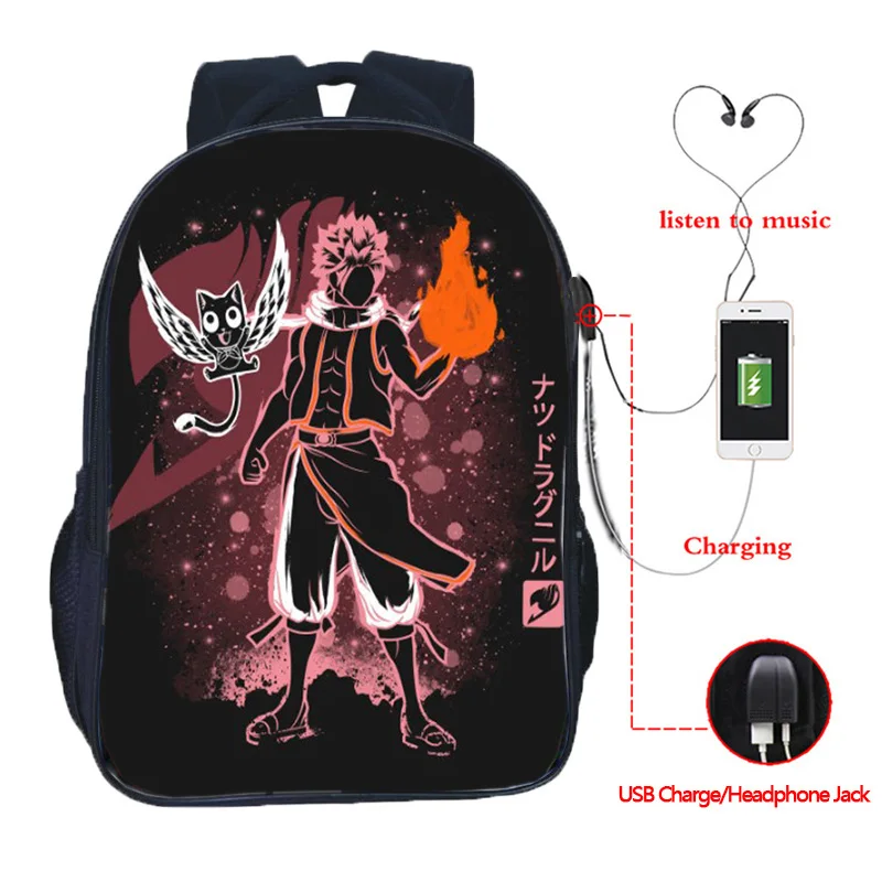 Многофункциональный рюкзак с принтом феи и хвоста Natsu usb разъем для зарядки