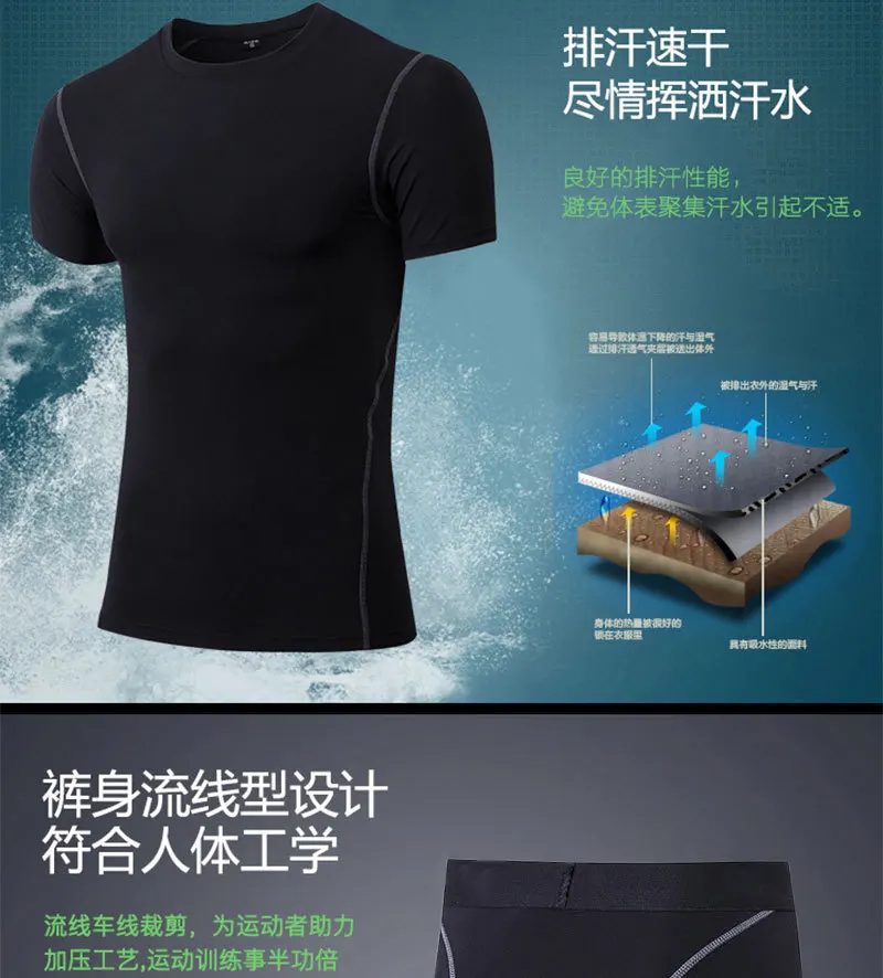 Currently Available Men Summer Tight-Fit Training Suit Short Sleeve Pro Fitness Suit Quick-Dry Sports Set 1003+ 1004