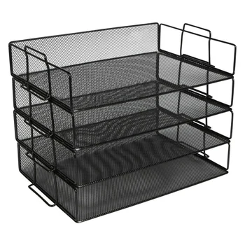 

Stackable Paper Tray Desk Organizer - 4 Tier Metal Mesh Letter Organizers for Business, Home, School, Stores and More, Organize