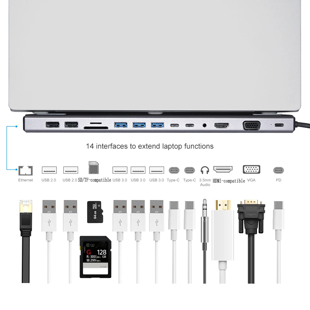 Color : Gray , Size : 280x85x17mm USB Hub USB C Hub 10 In 1 With HDMI 4K VGA LAN 3 USB 3.0 Ports PD Charging Audio Support SD/TF Card Type C Adapter Compatible For Flash Drive Notebook PC And Mor 