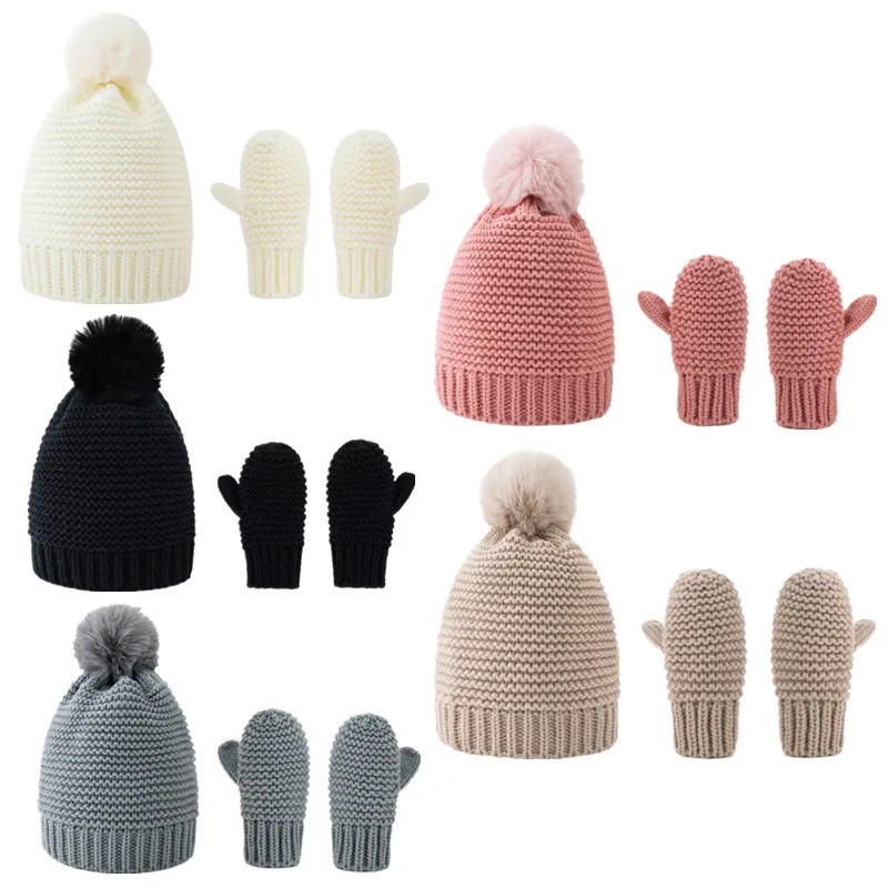

KLV Baby Warm Winter Hat Kids Knitted Pompom Hat Gloves Set Children Windproof Beanie Cap Mitten Kit