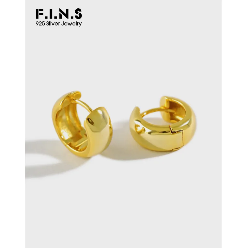 

F.I.N.S Korean Minimalist 100% 925 Sterling Silver Earrings Hoops INS Glossy Round Wide Small Ear Buckle 925 Earrings Jewelry