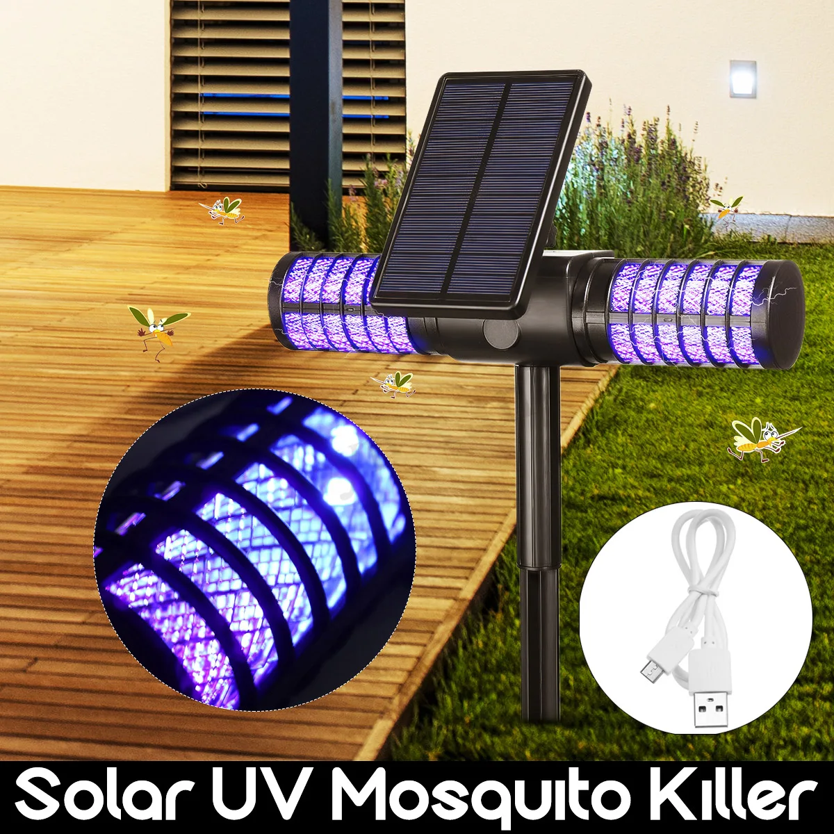

Hot Solar Powered LED Outdoor Yard Garden Lawn Light Waterproof Anti Mosquito Insect Pest Bug Zapper Killer Trapping LED Lamp