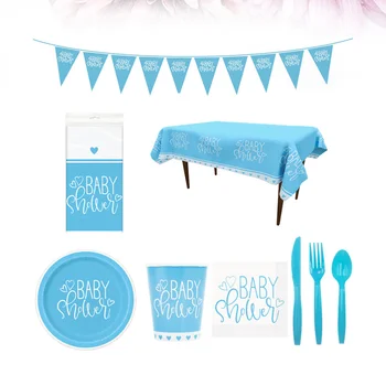 

Birthday Party Supplies Set Disposable Tableware and Banner Dessert Table Decorations Baby Shower Kit (Blue)
