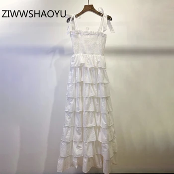 

ZIWWSHAOYU Summer Female White Cascading Ruffle Sweet Party Midi Dress Runway Designer Women Backless Spaghetti Strap Dresses