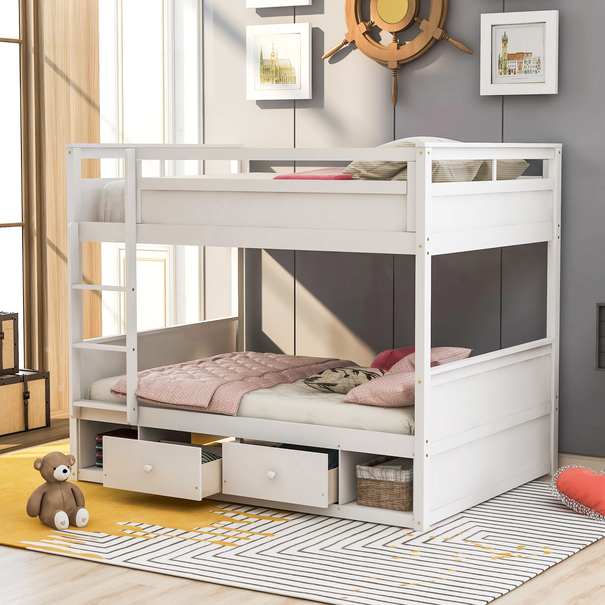

Full over full bunk bed, with two drawers and two storage
