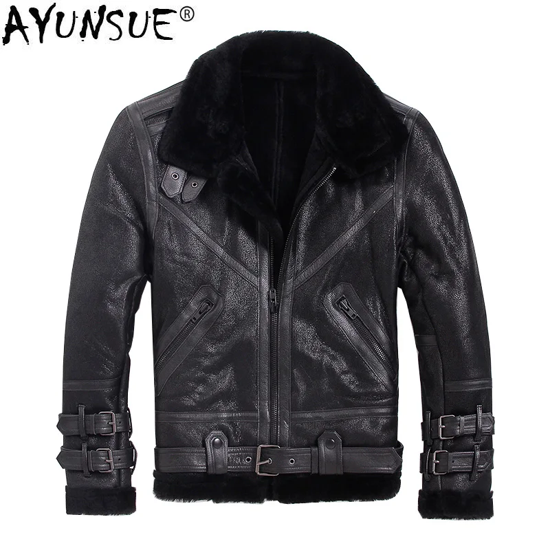 

AYUNSUE Mens Leather Jacket Winter Sheepskin Coat Short Genuine Leather Motorcycle Sheep Shearling Jacket for Men Wool Lining