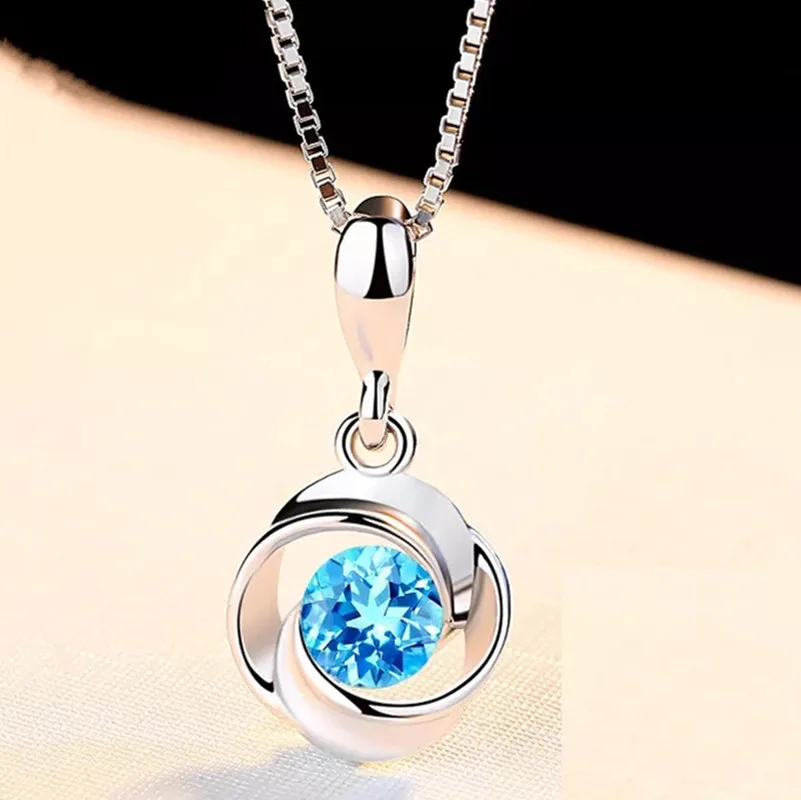 S925 Sterling Sliver Pendant Necklace Natural Blue Crystal