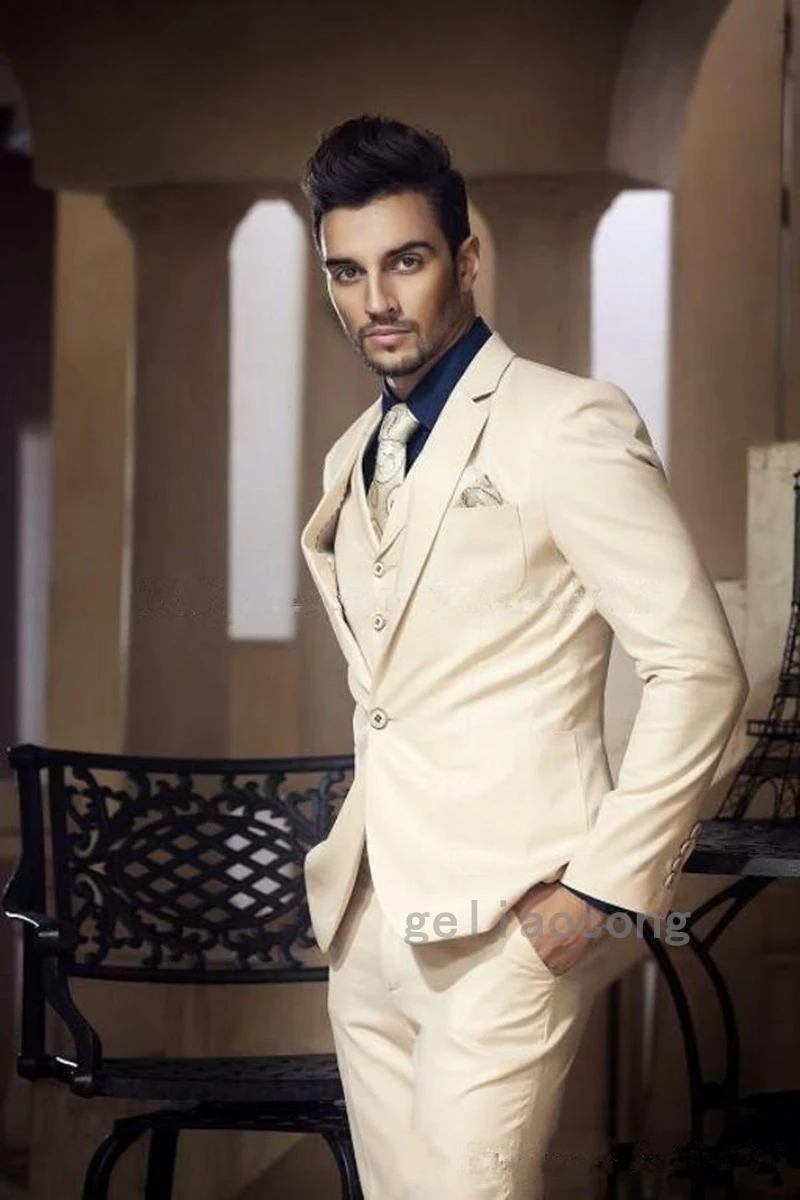 

New Mens Suits Beige 3 Piece (Jacket+Pants+Vest) Notch Lapel Elegant Costume Homme Business Formal Groom Prom Wedding Suits