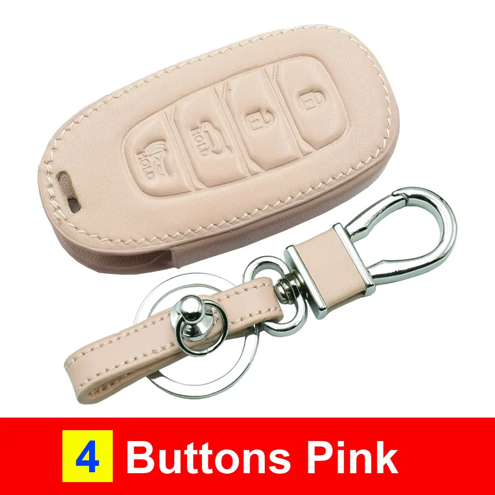 4 Buttons Pink Кожаный чехол для автомобильных ключей для hyundai Kona Santa Fe TM 4 кнопки Smart Prox Keyless Брелок-чехол для дистанционного ключа брелок протектор - Название цвета: 4 Buttons Pink