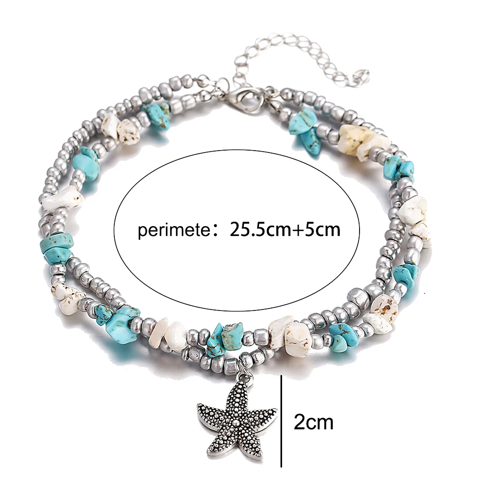 Women Anklet Turtle Heart Starfish Charm Double Layer Beaded Anklet Women Ankle Bracele on the leg Woman's accesories